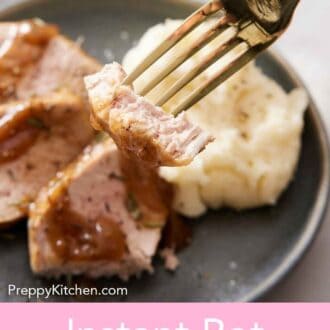 Pinterest graphic of a fork lifting up a piece of Instant Pot pork tenderloin from a plate.