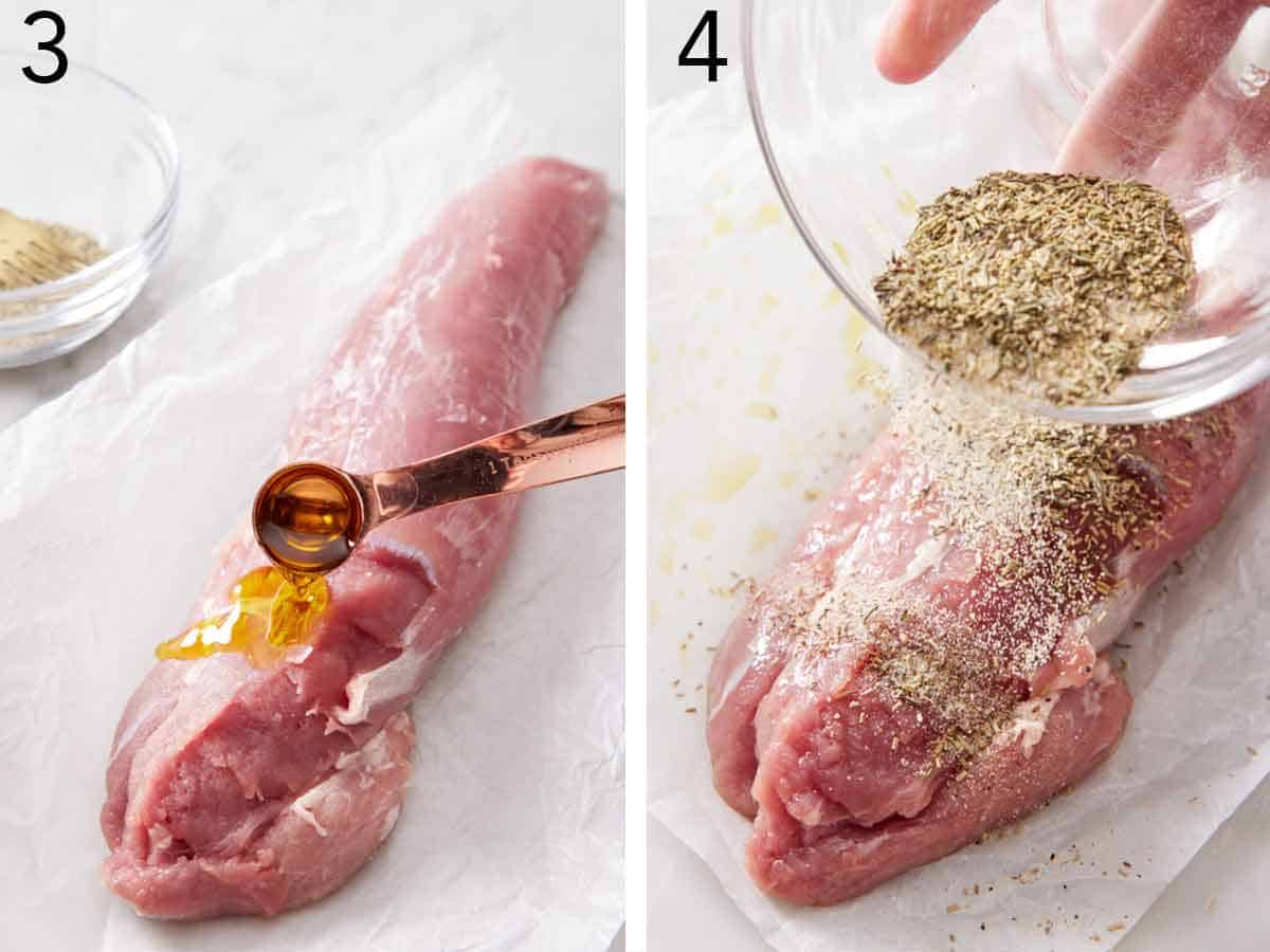 Set of two photos showing oil and seasoning added to the pork tenderloin.