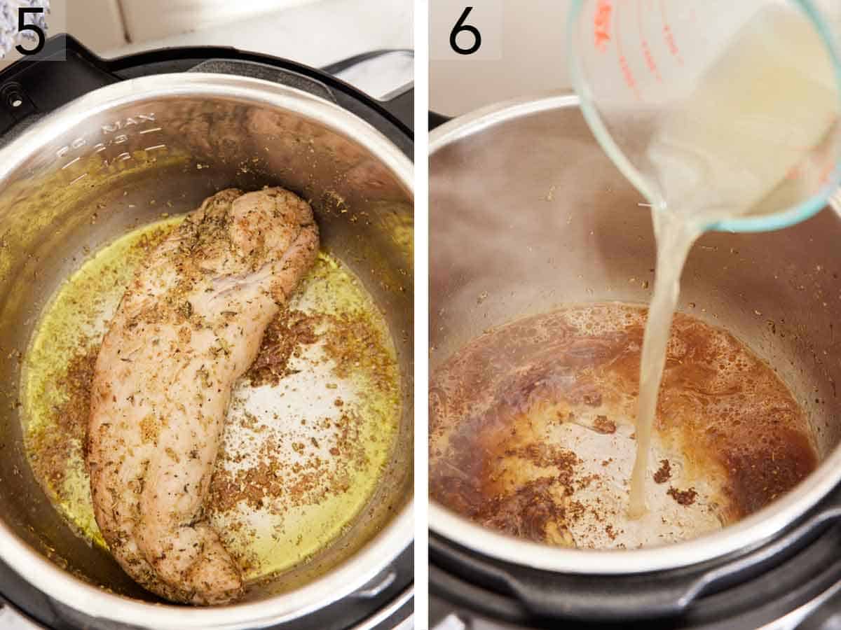 Set of two photos showing pork tenderloin seared in the Instant Pot and then chicken broth added to the pot.