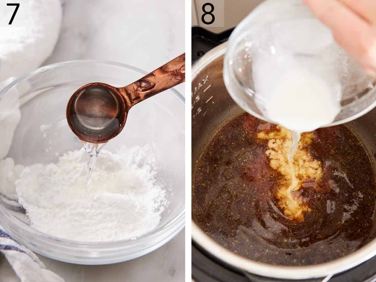 Set of two photos showing water added to cornstarch and the slurry added to the pot.