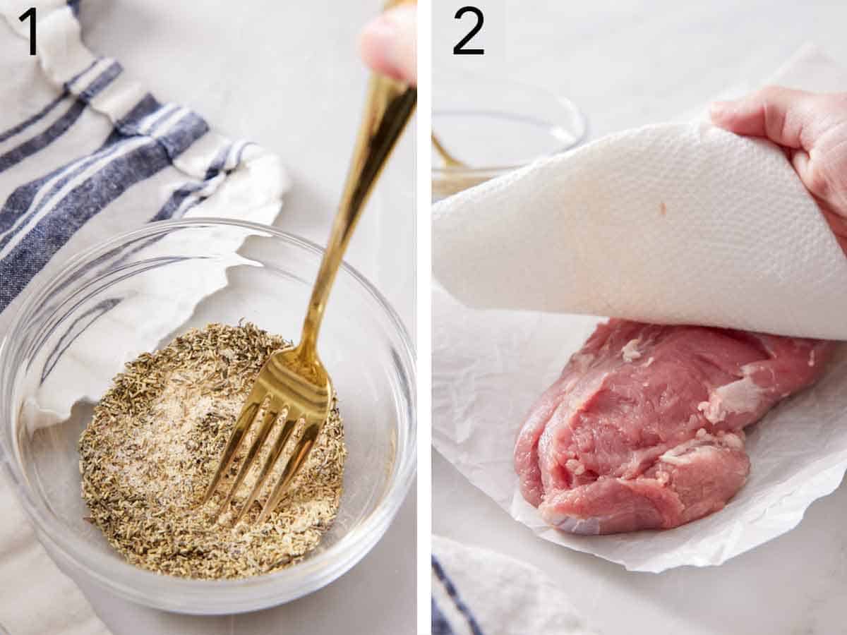 Set of two photos showing seasoning mixed in a pinch bowl with a fork and the meat patted dry with a paper towel.