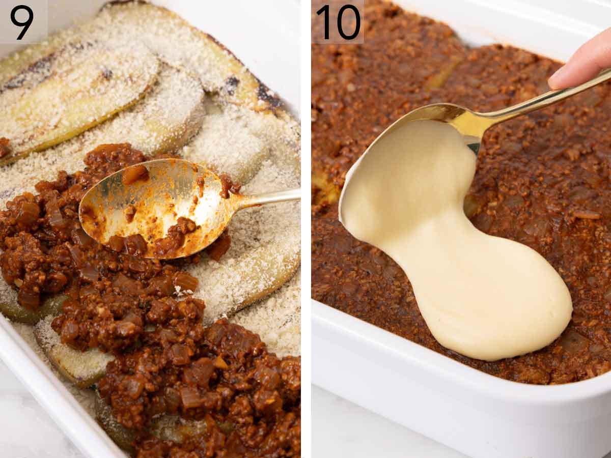Set of two photos showing ground beef mixture and bechamel added to the baking dish.