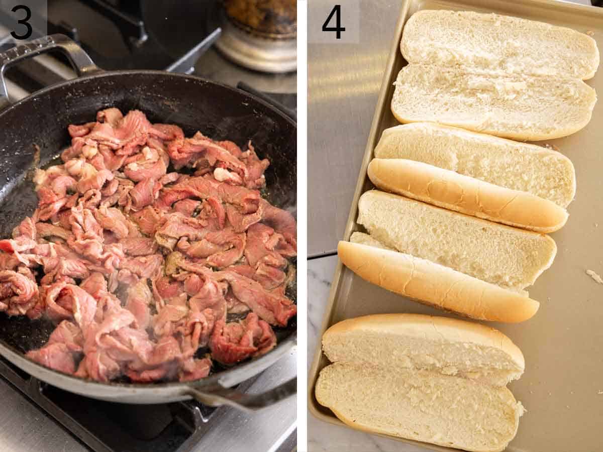 Set of two photos showing beef cooked in a skillet and bread sliced opened.