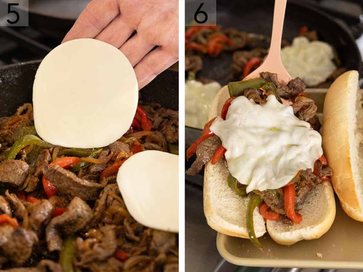 Set of two photos showing cheese added over the cooked meat and vegetables then transferred to the opened bread.