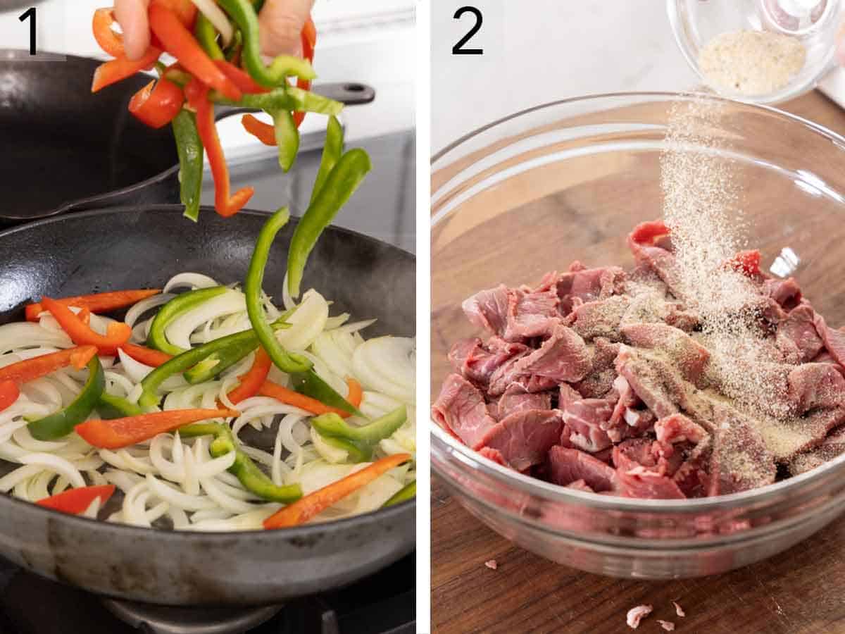 Set of two photos showing bell peppers added to a skillet of onions and steak seasoned in a bowl.