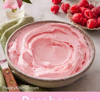 Pinterest graphic of a bowl of raspberry buttercream. Fresh raspberries and flowers in the background.