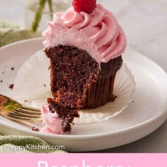 Pinterest graphic of a plate with a cupcake topped with raspberry buttercream and a fresh raspberry with a bite taken out.