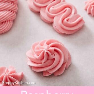 Pinterest graphic of raspberry buttercream piped in different styles.