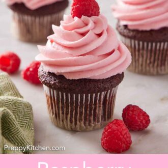 Pinterest graphic of cupcakes topped with raspberry buttercream with one in the center topped with a raspberry.