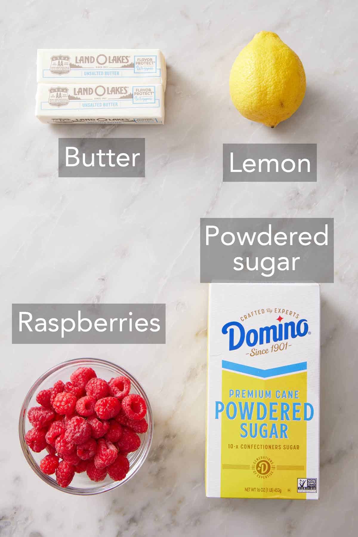 Ingredients needed to make raspberry buttercream.