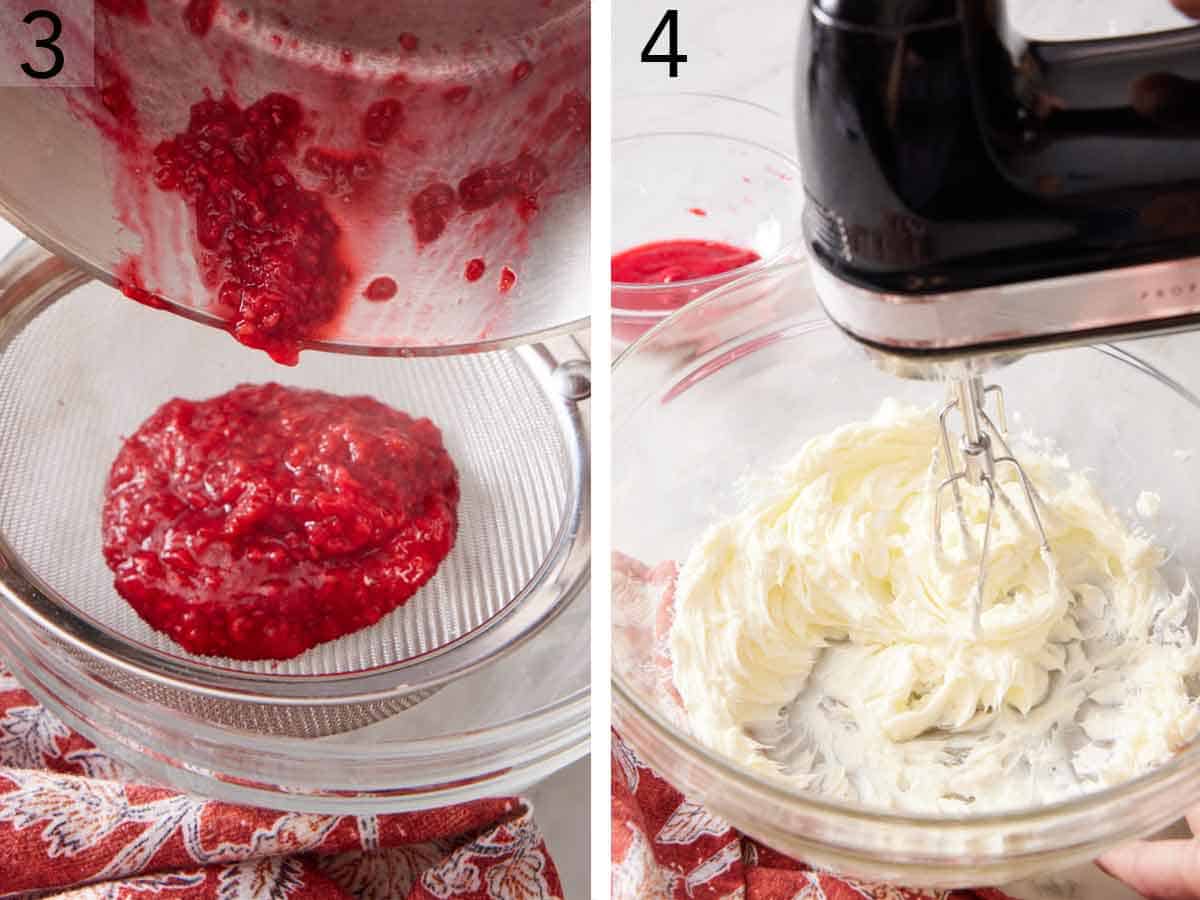 Set of two photos showing raspberry mixture strained and butter creamed.