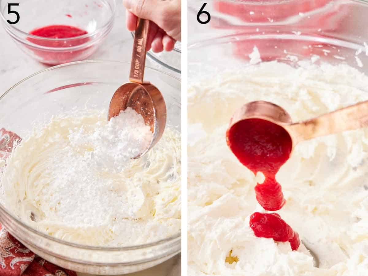 Set of two photos showing powdered sugar and the raspberry mixture added to the frosting.