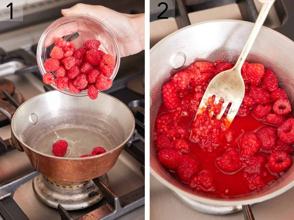 Set of two photos showing raspberries added to a pot and cooked down.