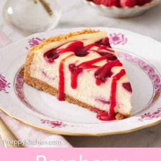 Pinterest graphic of a slice of raspberry cheesecake topped with more sauce.