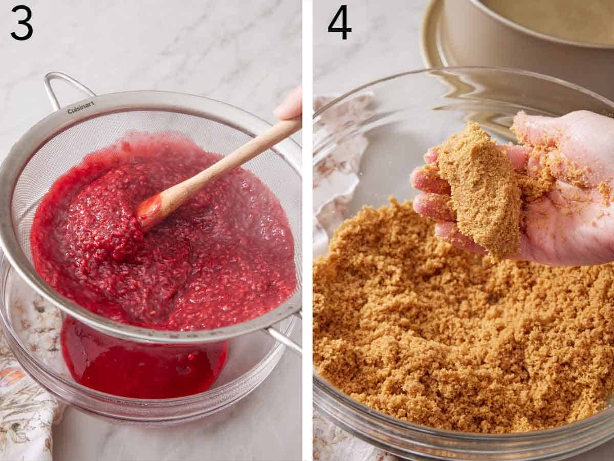 Set of two photos showing raspberry sauce strained and graham cracker crumbs mixed with melted butter.