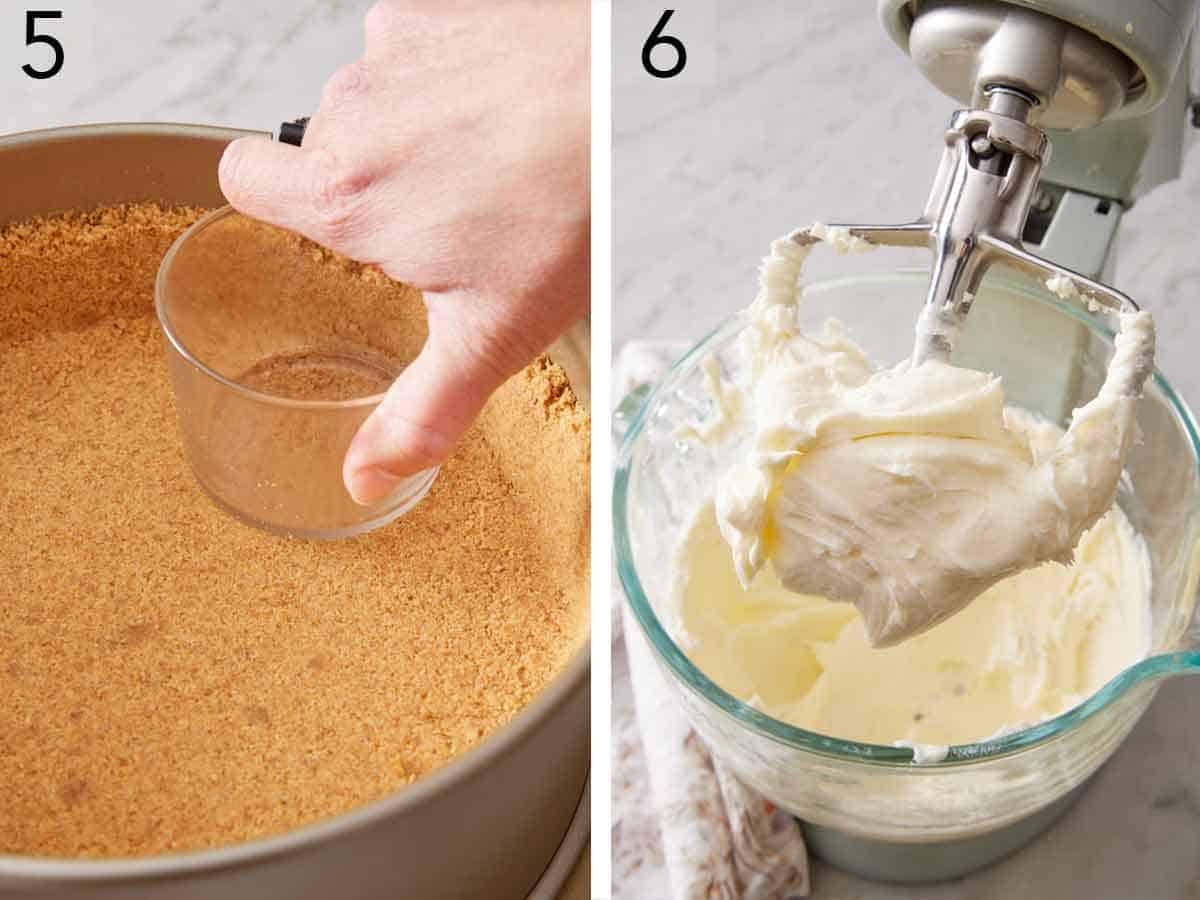 Set of two photos showing graham cracker crumbs pressed into a baking pan with the bottom of a glass and cream cheese beaten in a mixer.