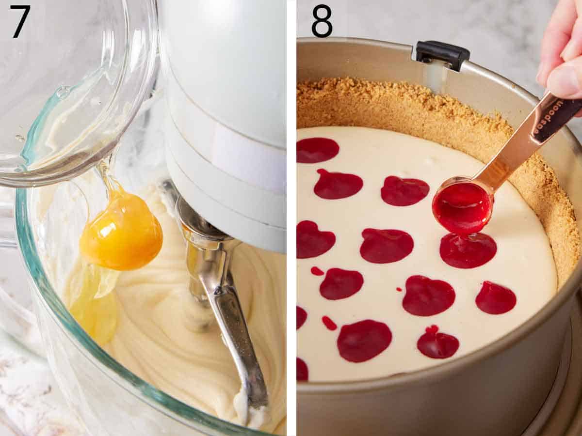 Set of two photos showing eggs added to the mixer and raspberry sauce added to the cheesecake filling.