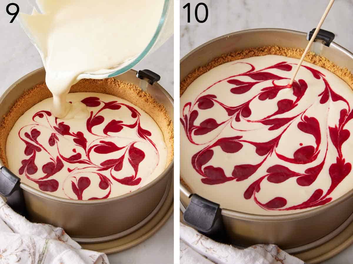 Set of two photos showing more filling added to the cheesecake crust and raspberry sauce swirled.