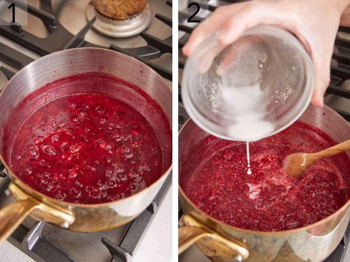 Set of two photos showing raspberries cooked down in a sauce pot and cornstarch slurry added.