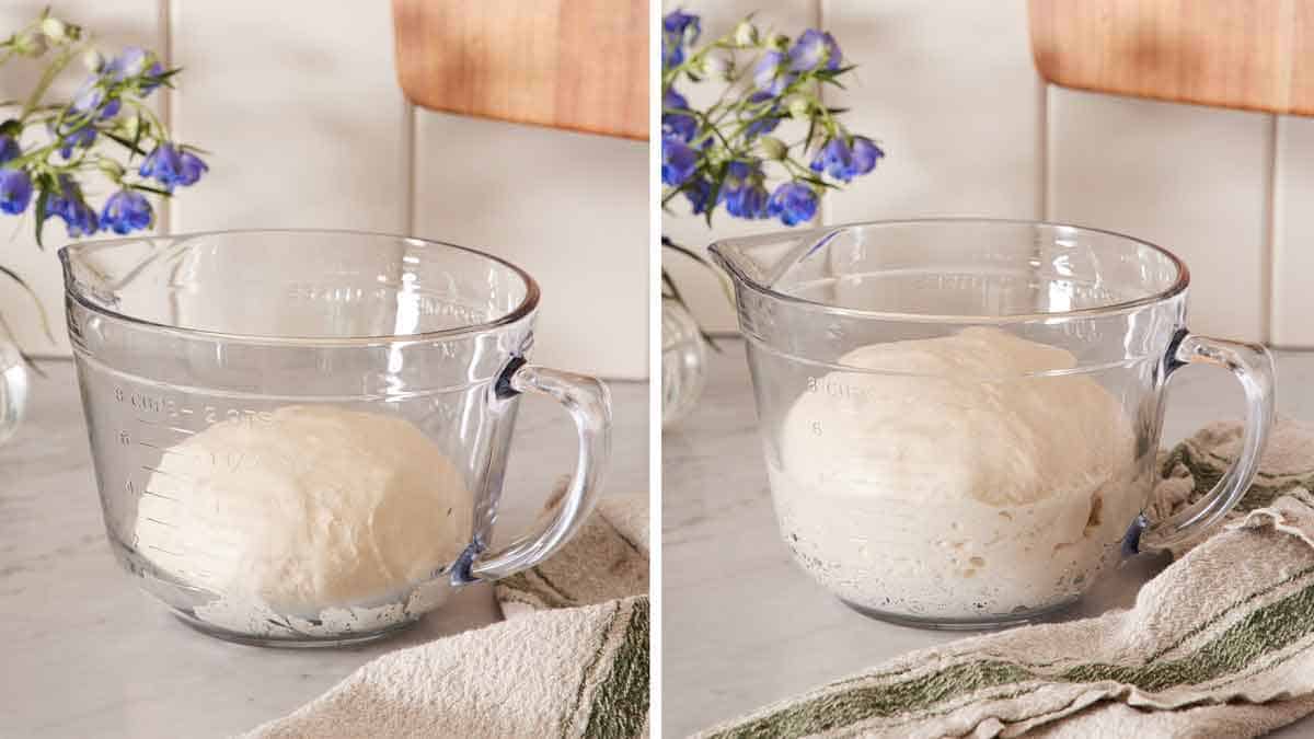 Set of two photos showing sourdough dough rising in a mixing bowl.