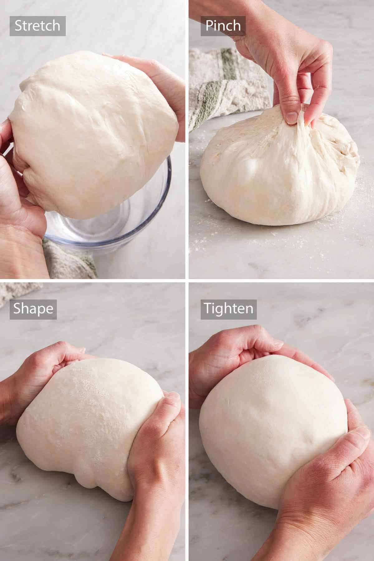 Set of four photos showing how to stretch, pinch, shape, and tighten dough.