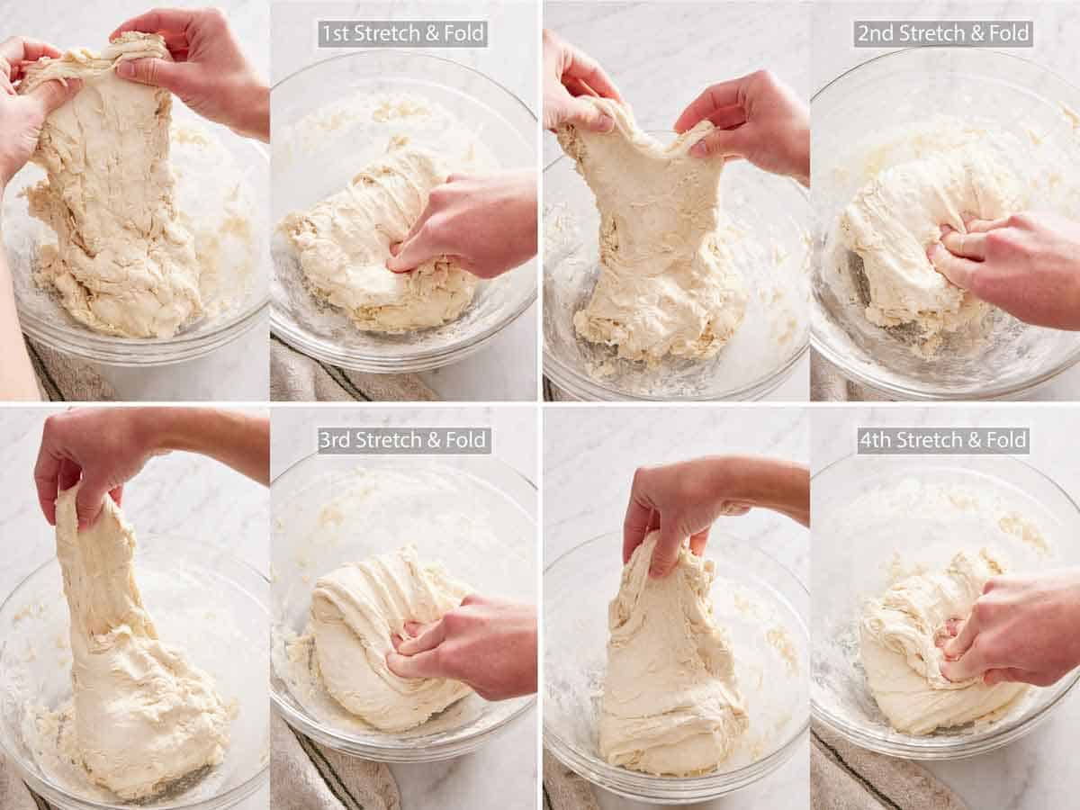 Set of four photos showing sourdough bread dough stretching sequence.
