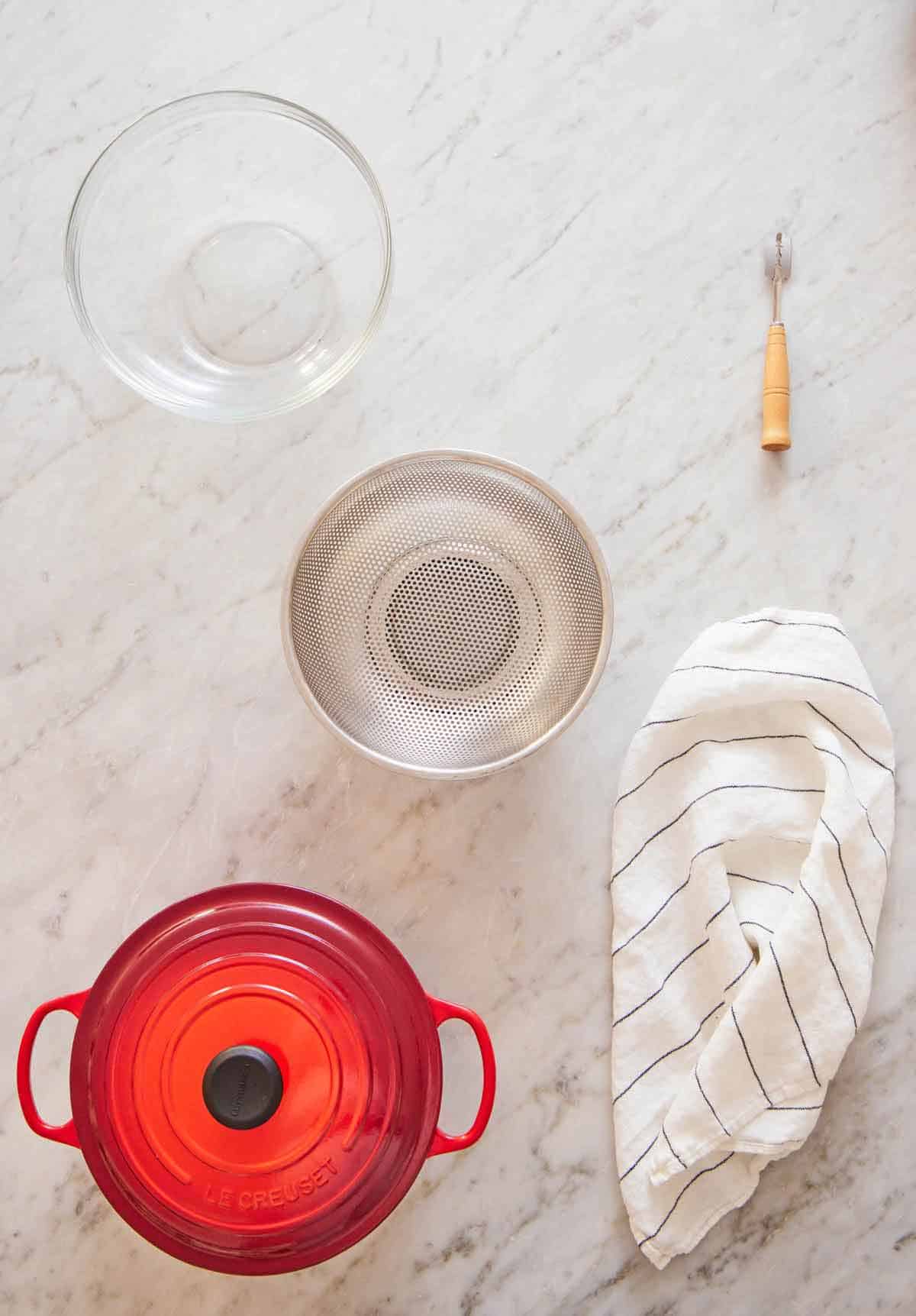 Overhead view of equipment needed to make sourdough bread.