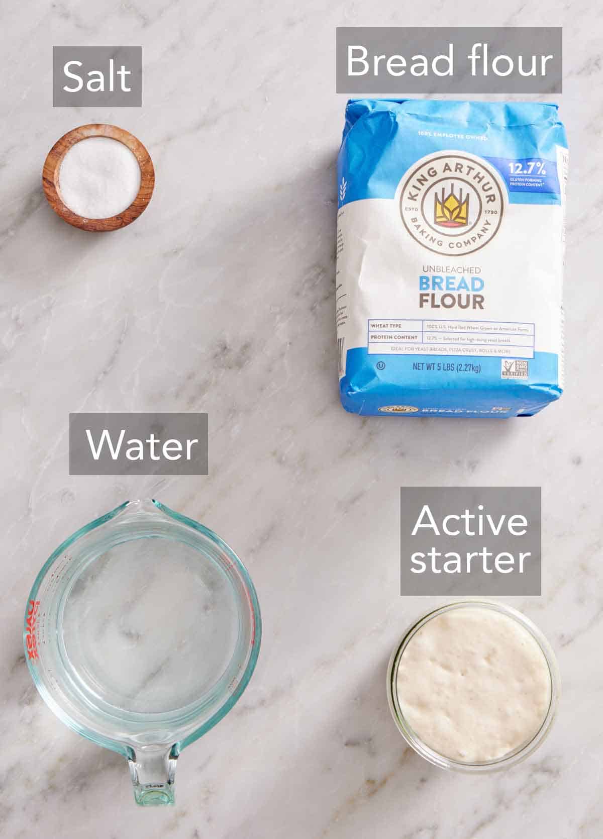 Ingredients needed to make sourdough bread.