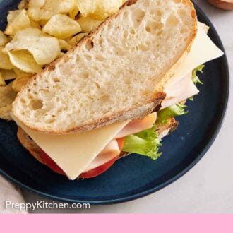 Pinterest graphic of a plate with a sandwich made with sourdough bread with some chips on the side.