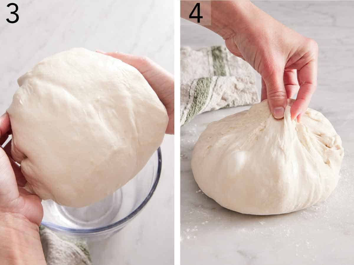 Set of two photos showing dough shaped into a ball and pinched.