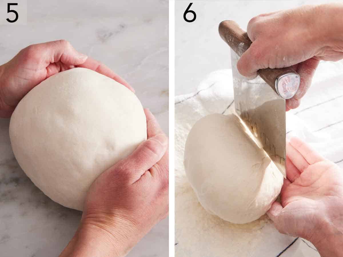 Set of two photos showing dough rolled tightly into a ball and transferred to a napkin lined bowl.