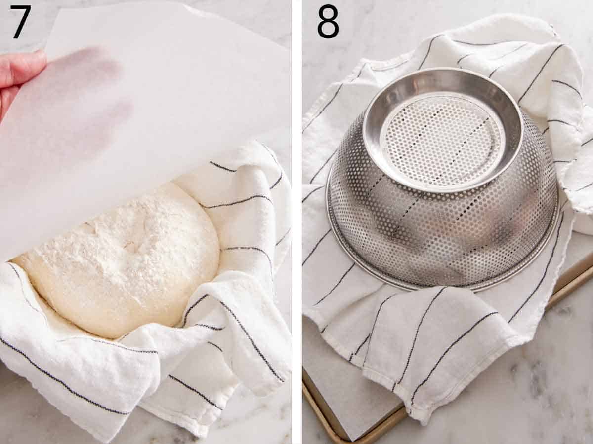 Set of two photos showing parchment placed over the dough ball and flipped onto a sheet pan.