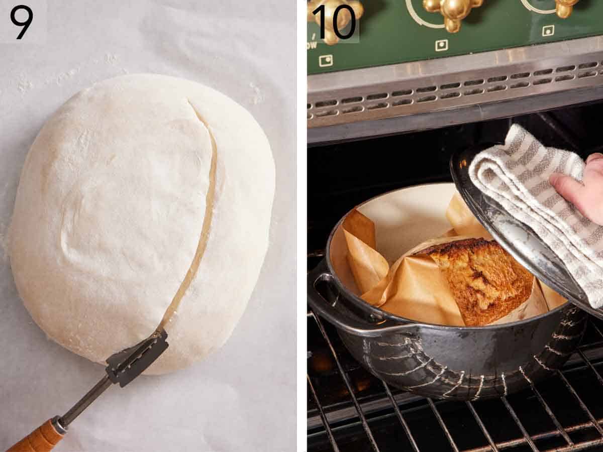 Set of two photos showing dough scored and baked in a dutch oven.