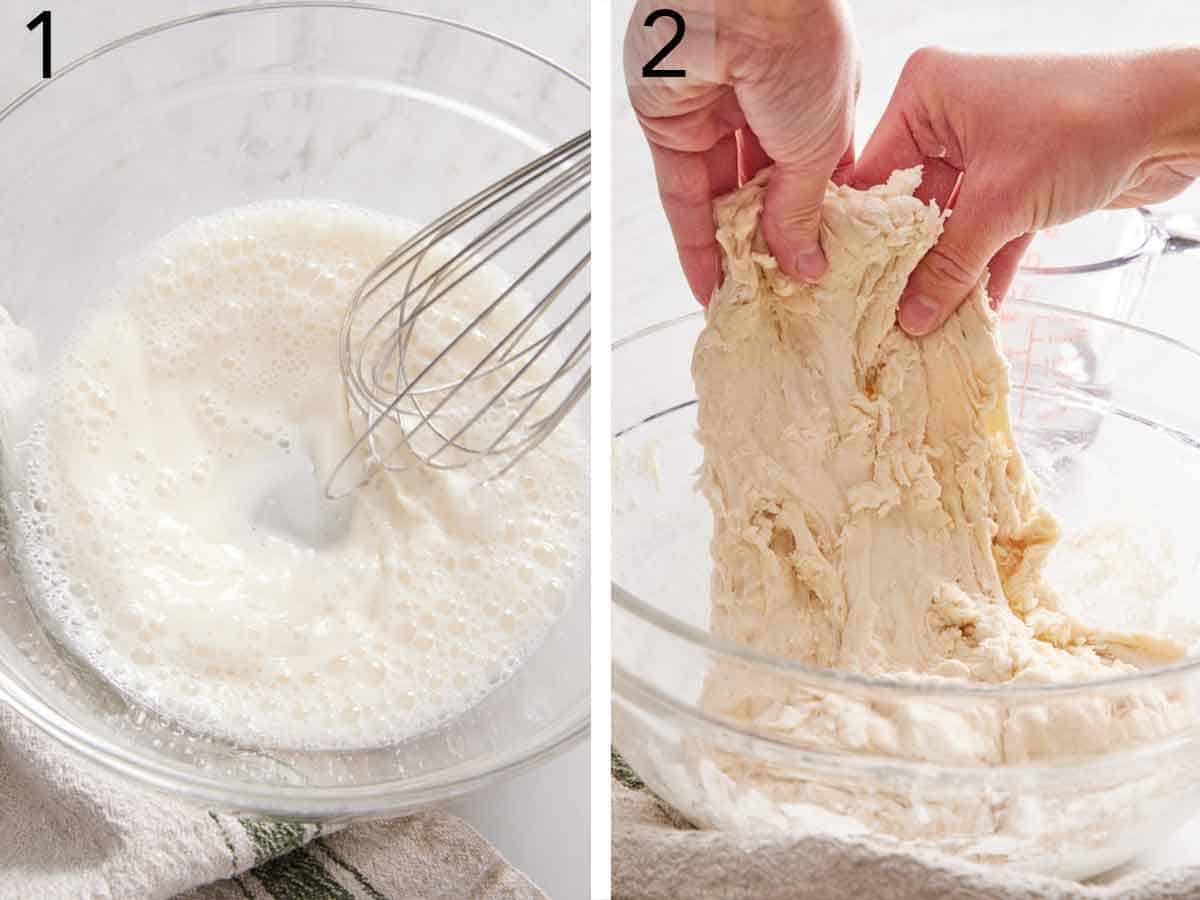 Set of two photos showing sourdough started whisked with water and salt then dough stretched and folded.