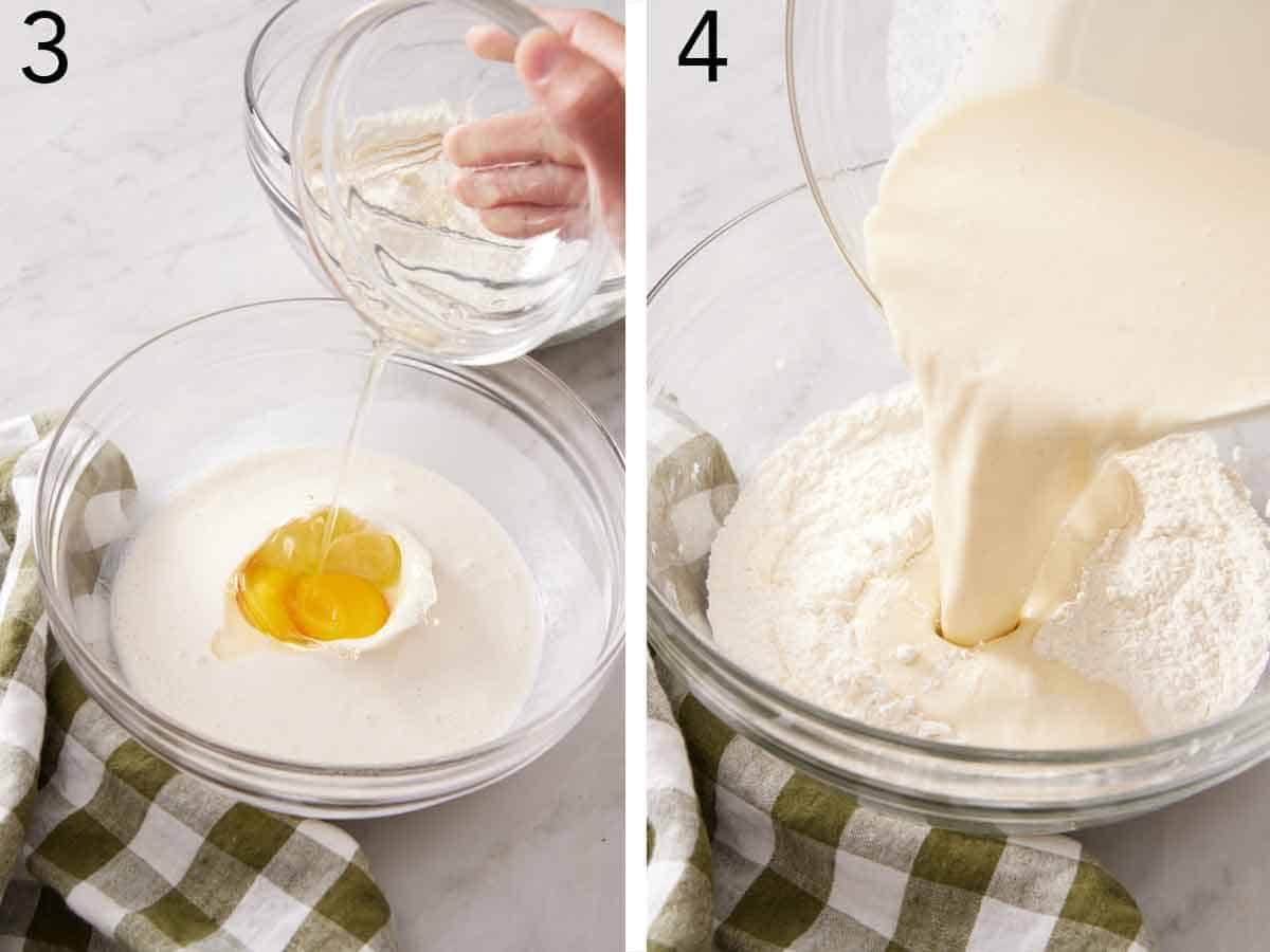Set of two photos showing eggs added to the wet ingredients then everything added to the bowl of dry ingredients.