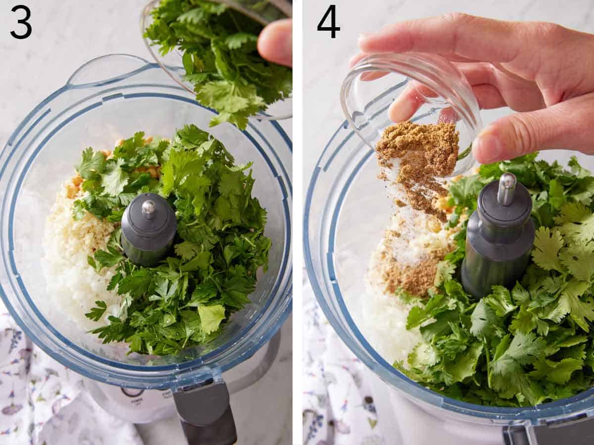 Set of two photos showing herbs and seasonings added to the food processor with onion and garlic.