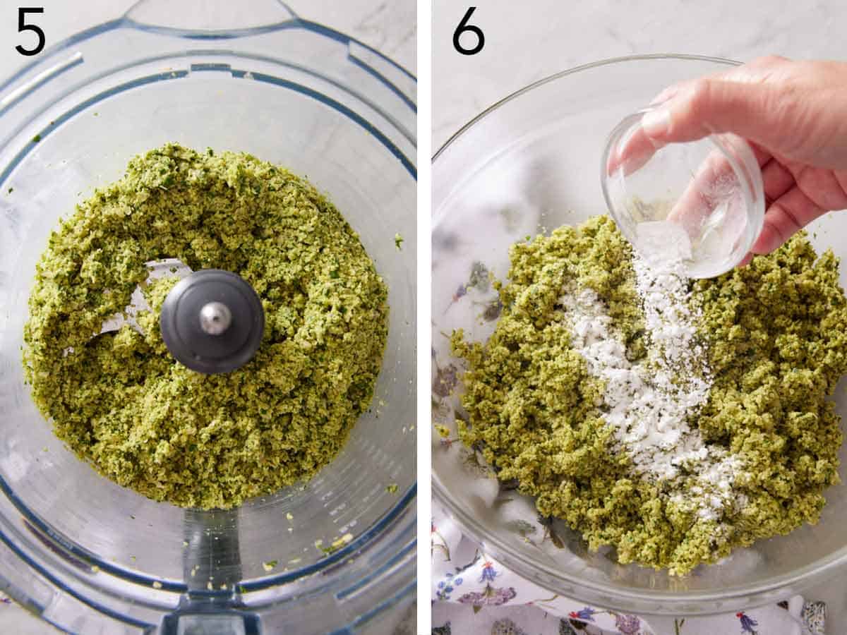 Set of two photos showing mixture blended in the food processor and baking powder added.