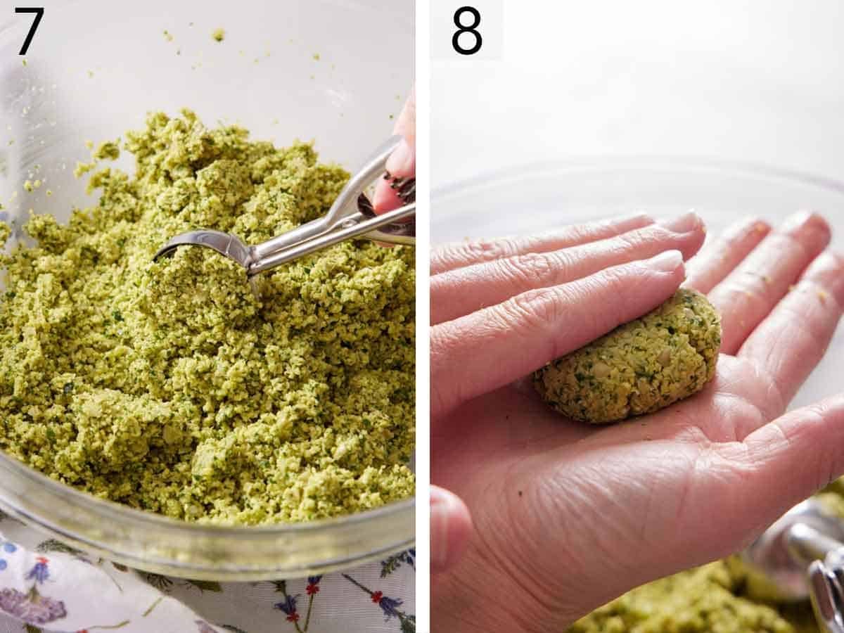 Set of two photos showing falafel mixture scooped and rolled.