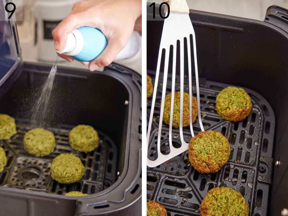 Set of two photos showing oil sprayed over the falafel in the air fryer basket then flipped after being air fried.