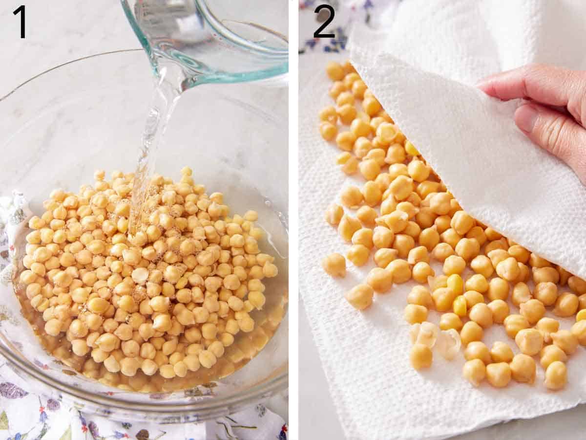 Set of two photos showing water added to dried chickpeas then patted dry.