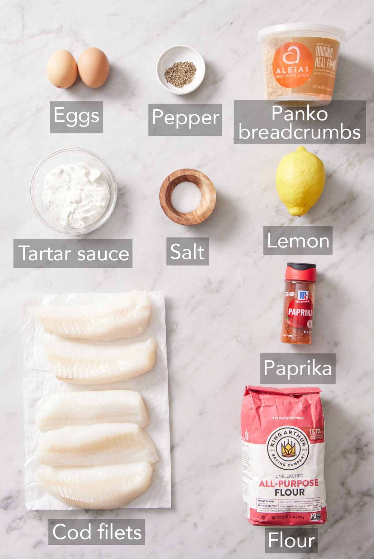 Ingredients needed to make air fryer fish sticks.