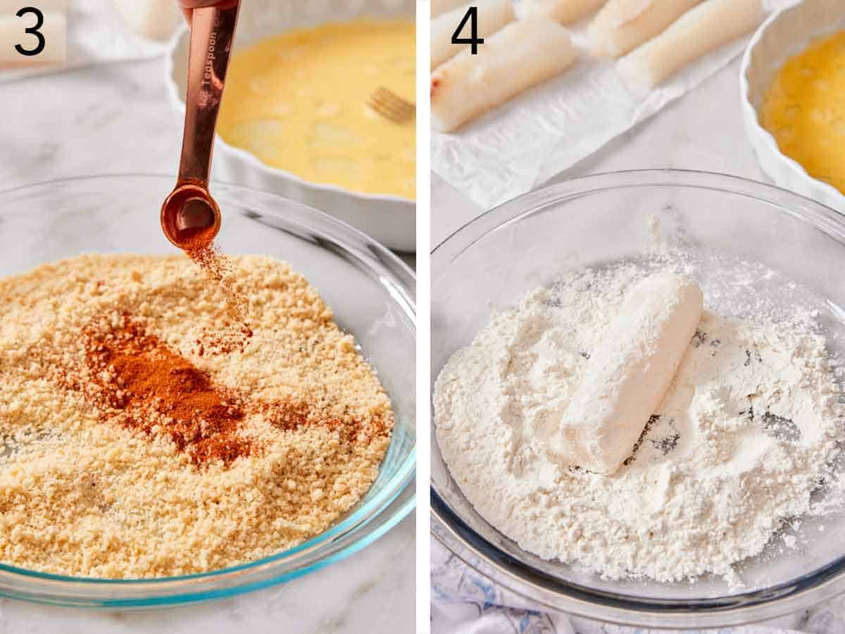 Set of two photos showing paprika added to breadcrumbs and cut cod coated in flour.
