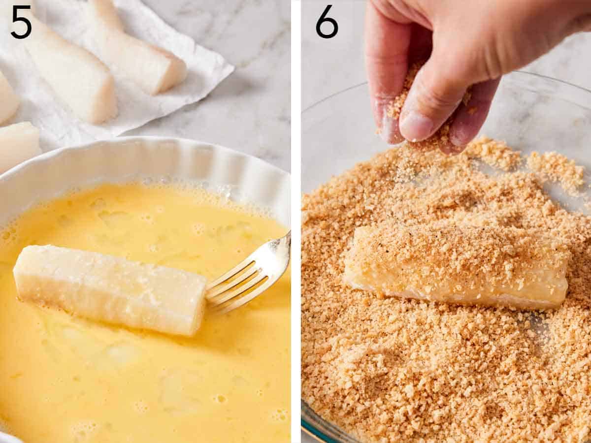 Set of two photos showing cod added the egg wash then coated in the breadcrumbs.