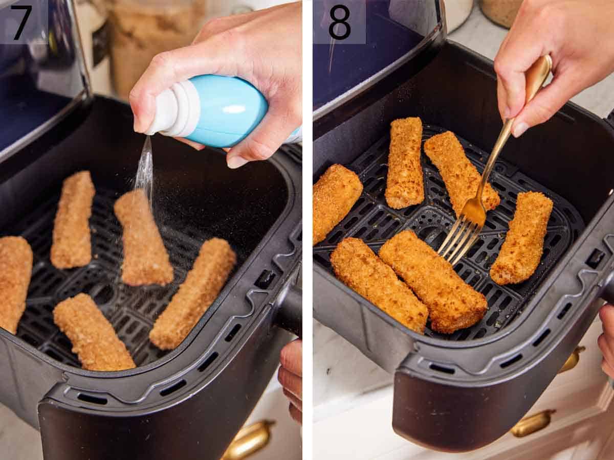 Set of two photos showing the breaded cod added to the air fryer basket and sprayed with oil and flipped in the air fryer.