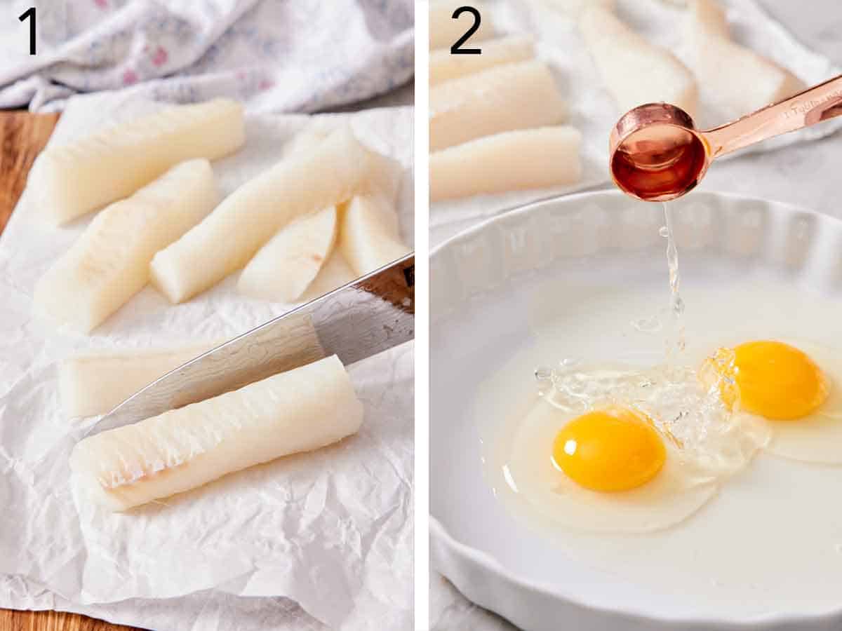 Set of two photos showing cod cut and egg wash being assembled.