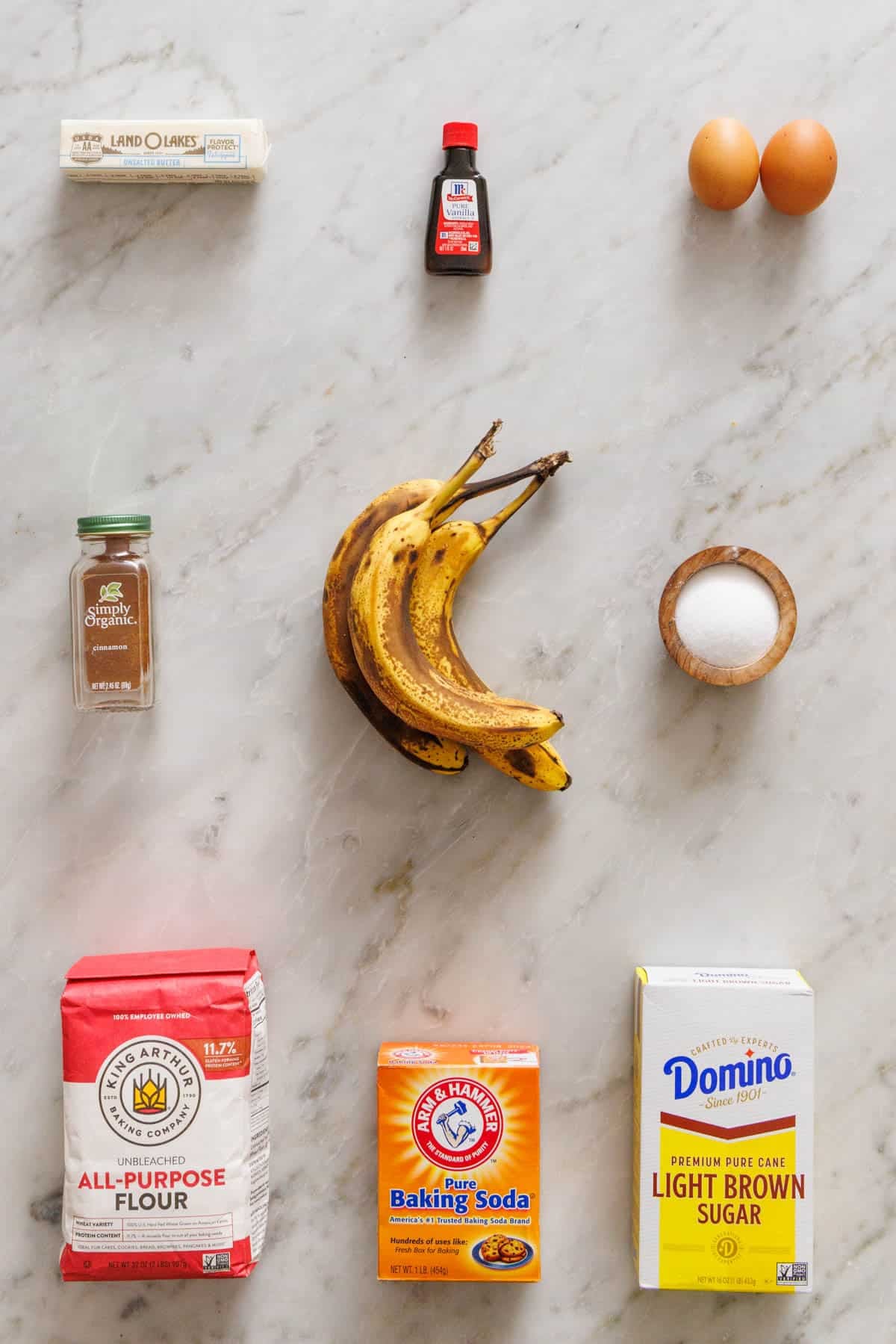 Ingredients needed to make banana bread.