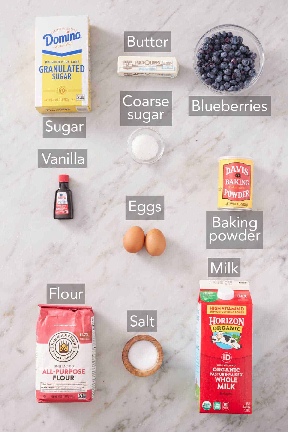 Ingredients needed to make blueberry muffins.