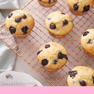 Pinterest graphic of multiple blueberry muffins on a cooling rack.