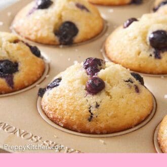 Pinterest graphic of blueberry muffins in a gold muffin tin.
