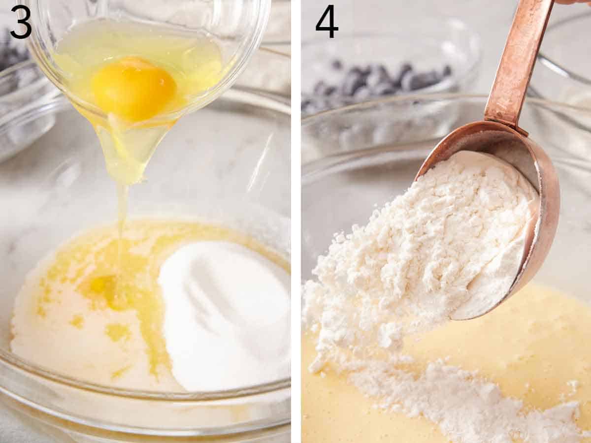 Set of two photos showing wet ingredients added to a bowl and dry ingredients added to it.